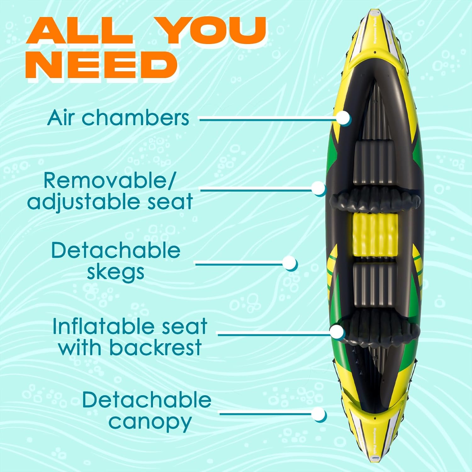 2026 KP Inflatable Kayak 2 Person with Sun Canopy (Detachable) + Kayaks for Adults + 3rd Seat for Dog/Child + Waterproof Phone Bags + Adjustable Seats + Kayak + Backrests & More + New 2024 + Yellow Green