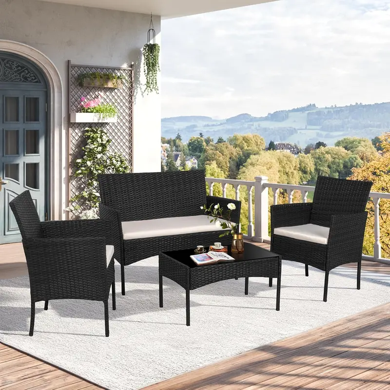 Shintenchi 4-Piece Brown Rattan Patio Set – Outdoor Loveseat, Chairs & Coffee Table for Porch or Poolside