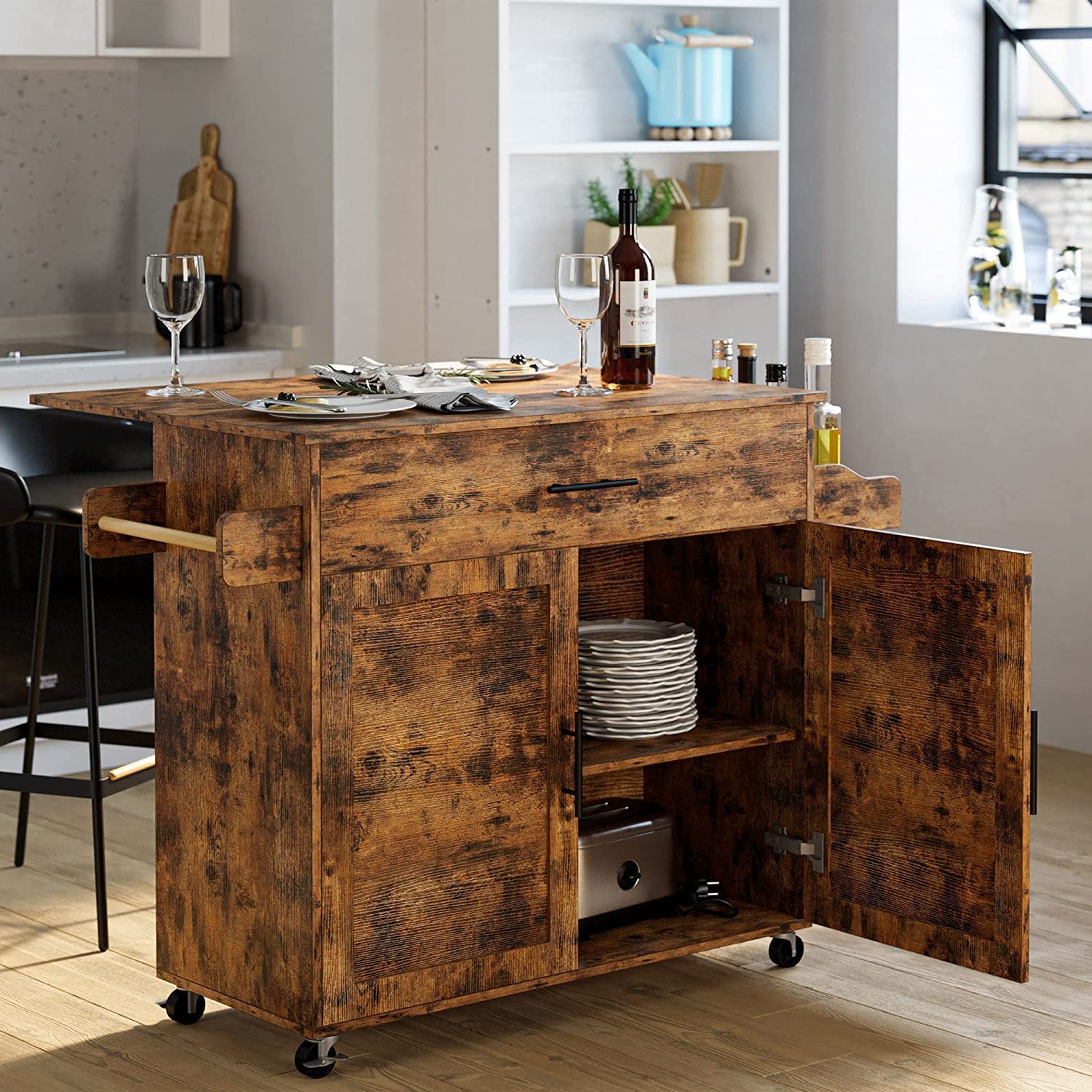 IRONCK Rolling Kitchen Island Cart on Wheels with Storage Cabinet, Drawer, 3 Spice Rack,Vintage Brown