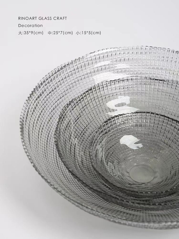 DC209 (Set) - Home Set of 3/Spanish handmade embossed gray crystal glass lamp large fruit tray foyer storage tray