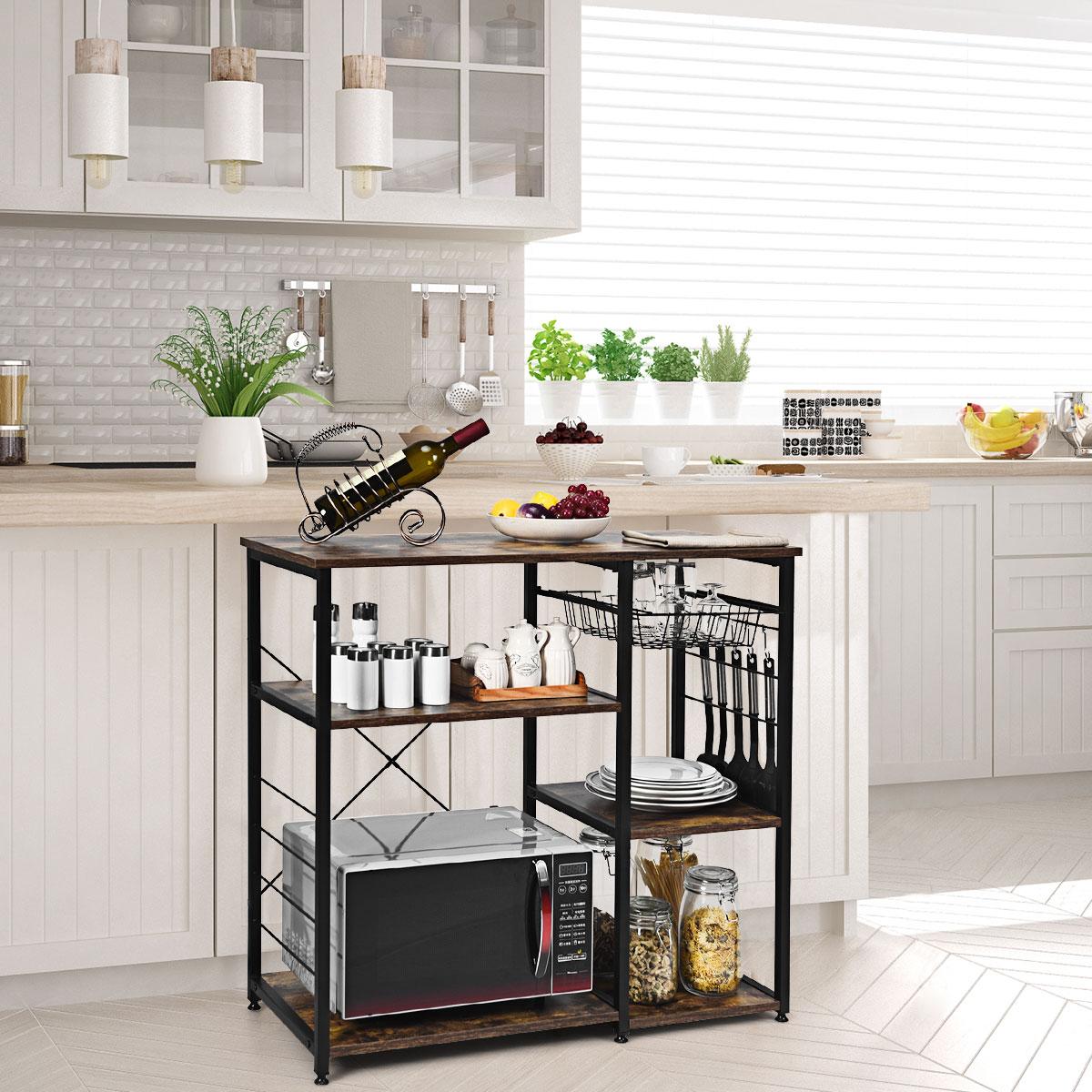 Giantex 3-Tier Kitchen Baker’s Rack, Utility Storage Shelf, Industrial Microwave Oven Stand Metal Frame w/Shelf, Wire Basket, Hooks, Coffee Bar Table Home Office, Brown