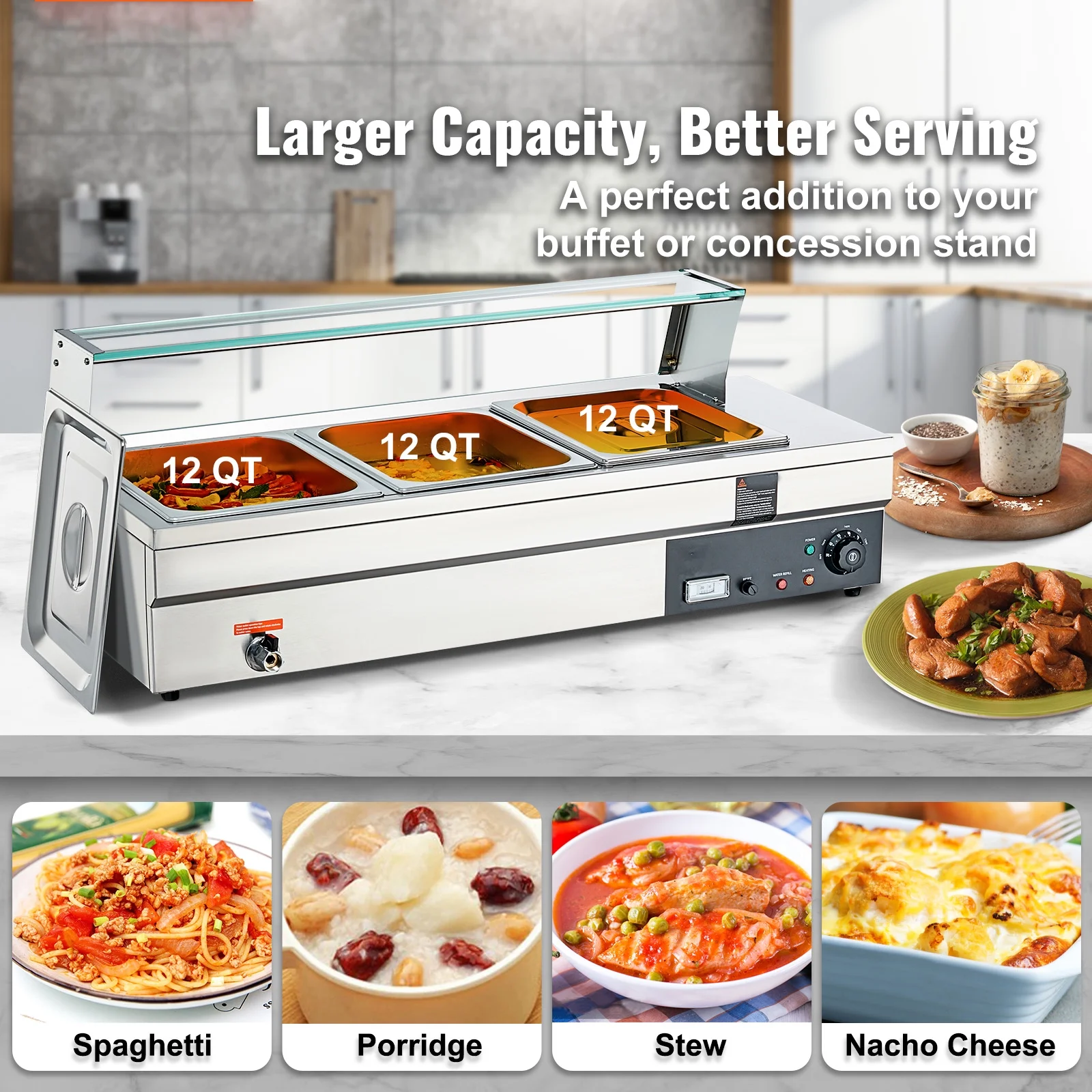 BENTISM 3*12Qt Commercial Food Warmer,Bain Marie Food Warmer with Glass Shield,Electric Countertop Food Warmer
