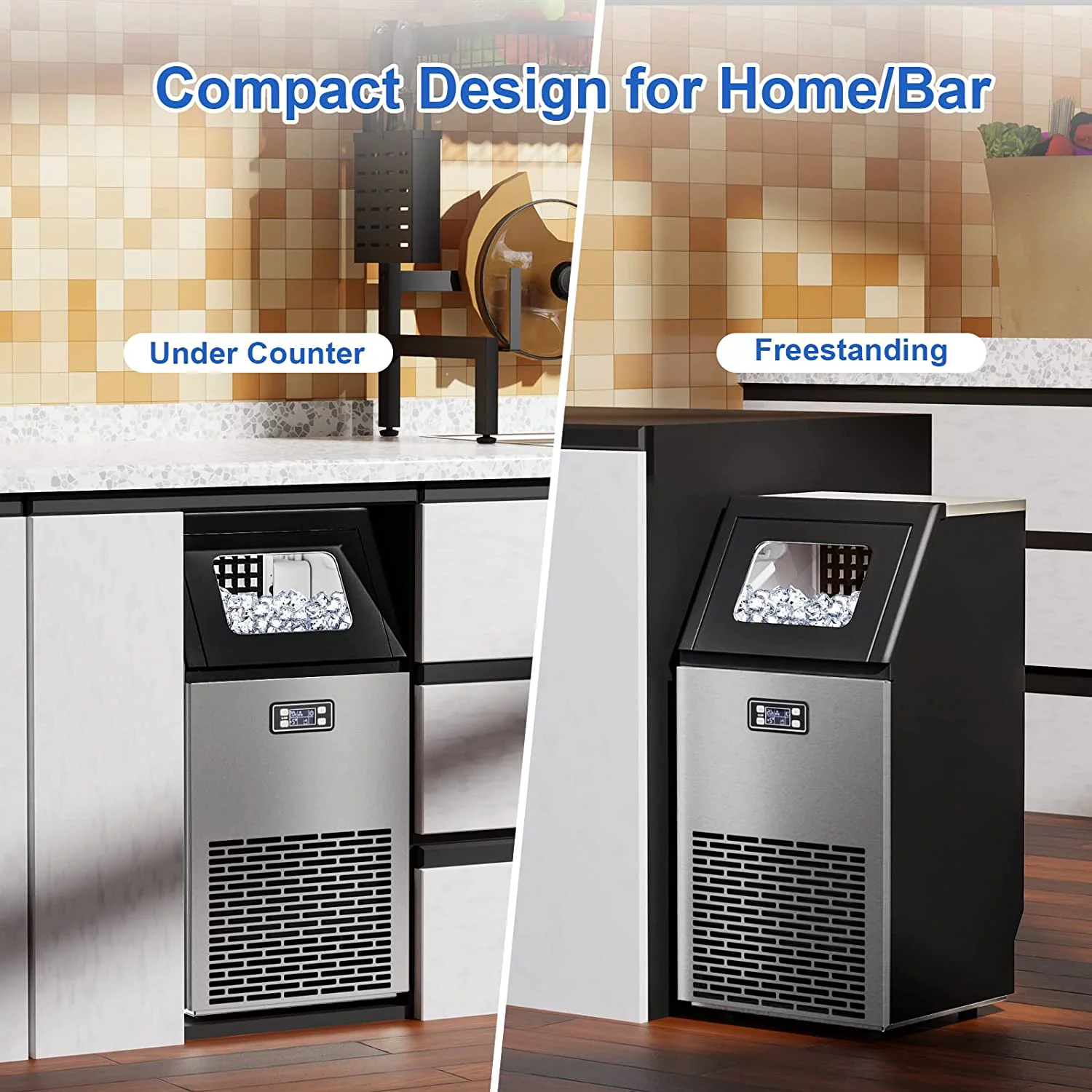 KISSAIR Commercial Ice Maker,Stainless Steel Freestanding Ice Maker with 2 Self-Cleaning,100Lbs/Day,45 Cubes/Batch in 11-20 Mins