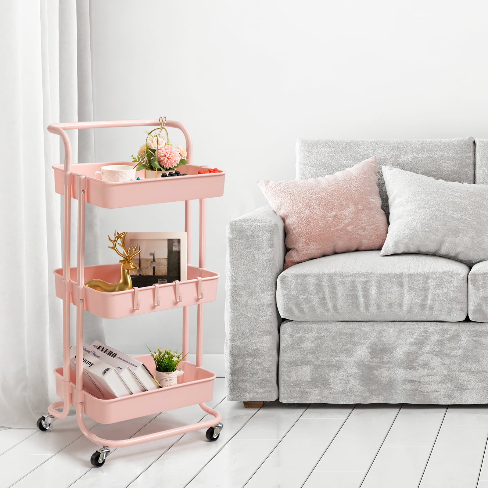 3-Tier Rolling Storage Organizer Cart with Handle and Lockable Wheels, Utility Trolly Cart for Kitchen, Sitting Room, Bathroom, Study, Pink