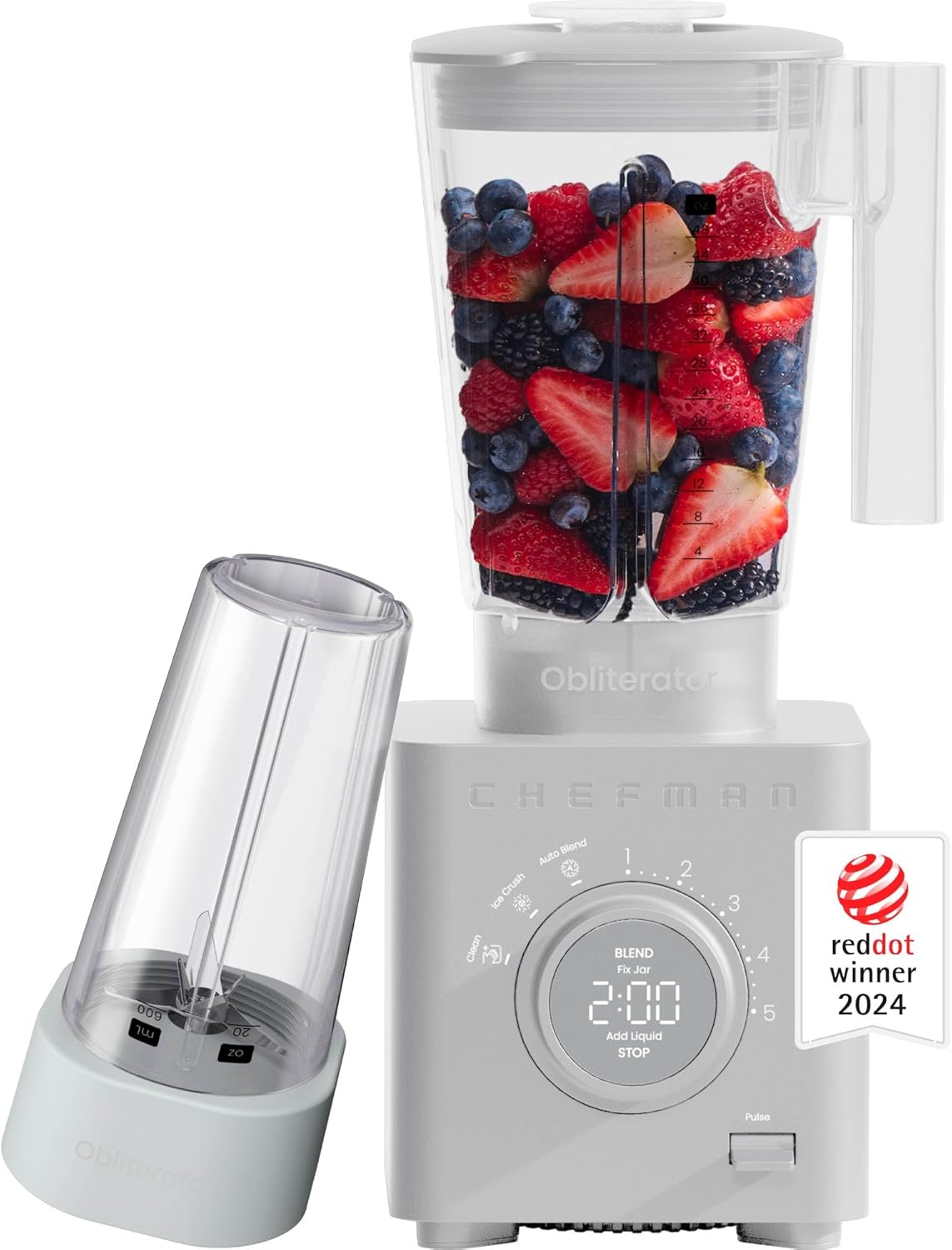 Chefman Obliterator 48 oz Countertop Blender for Smoothies, 1380W Motor to Crush Ice, Nuts, and Frozen Fruit with Stainless Steel Blade, Auto Blend Function, Includes 20 oz Travel Jar - Midnight