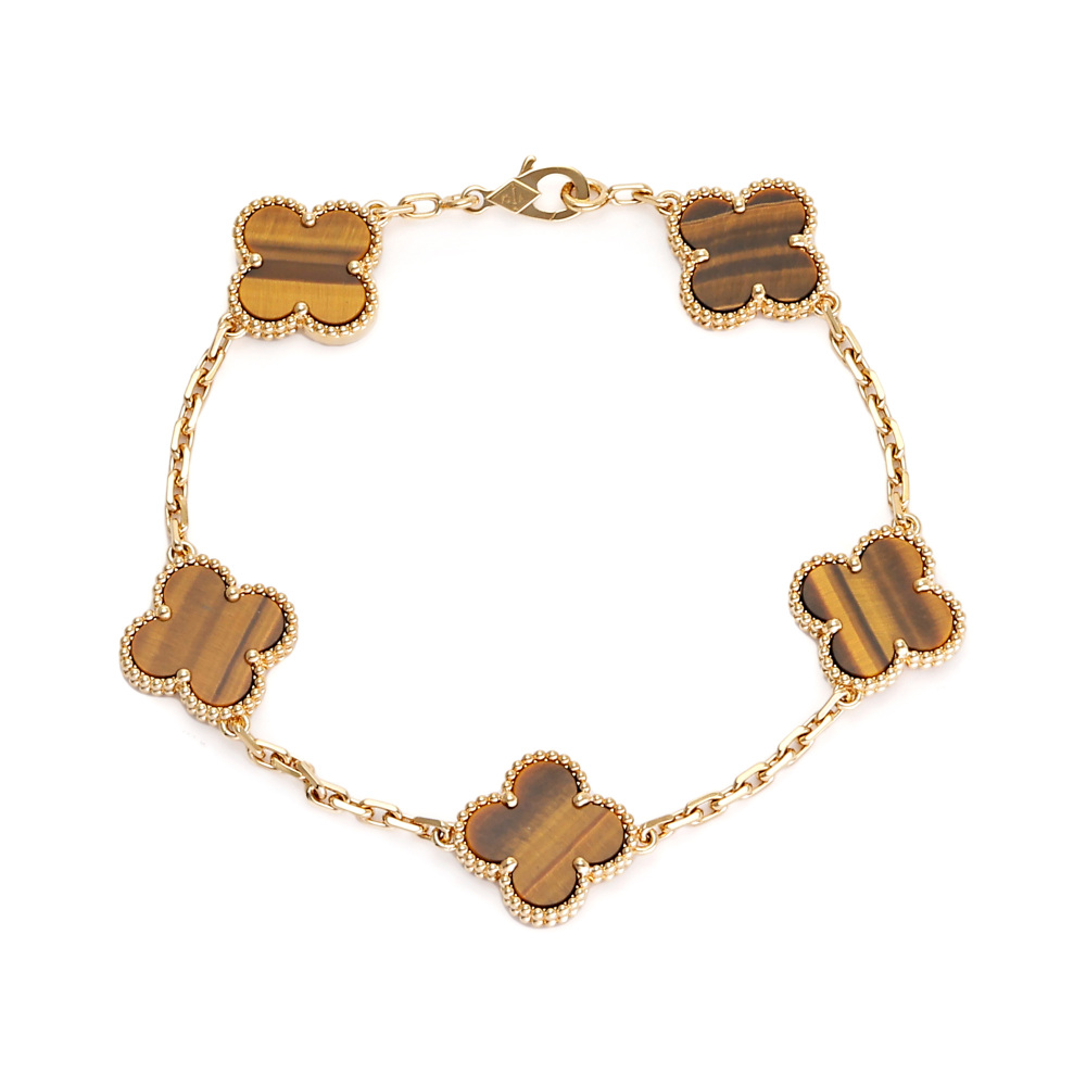 Van Cleef & Arpels Vintage Alhambra 5 Motifs Bracelet 18K Yellow Gold Tiger Eye VCARD35600
