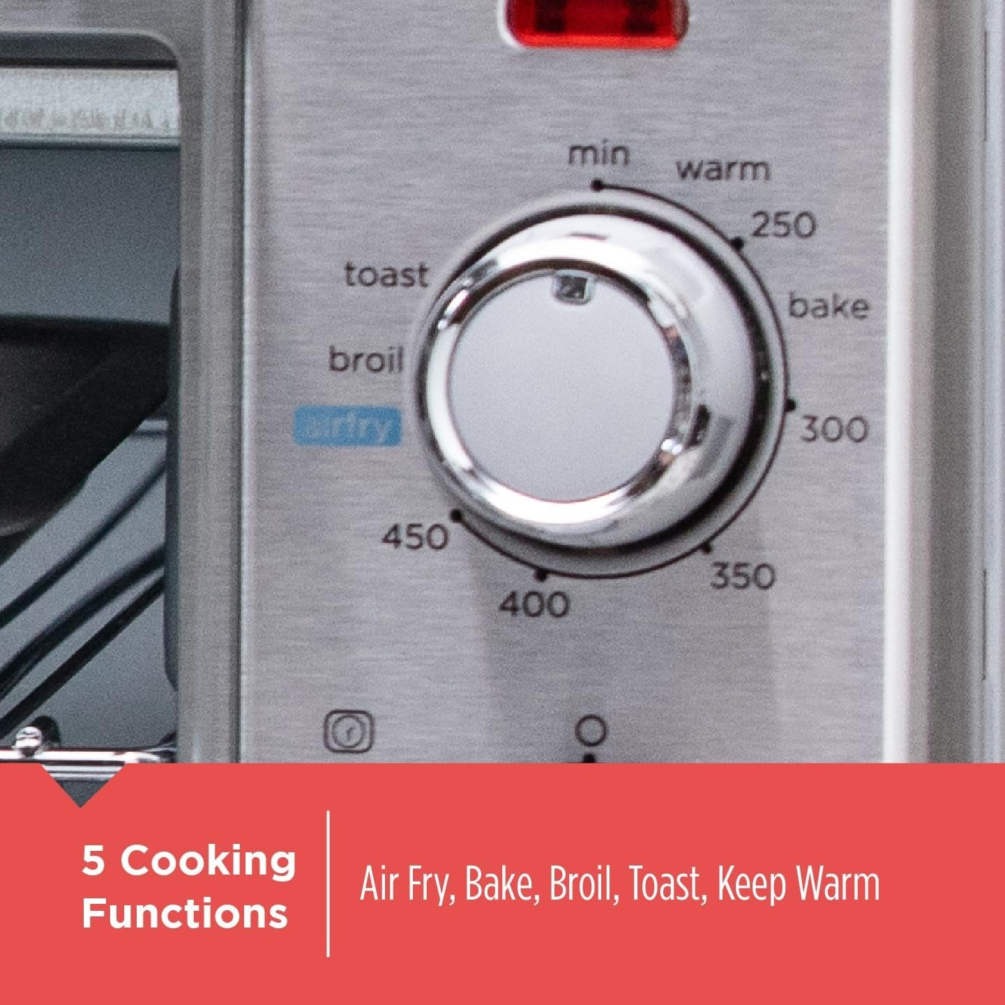 5-in-1 Air Fryer Toaster Oven, Fits 12′′ Pizza/6-Slice Toast, Convection Air Fry Tech, 60-Min Timer, Stainless Steel