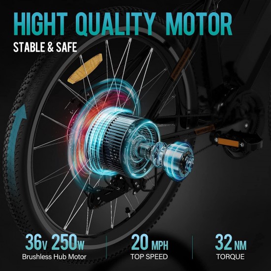 Electric Bike Adult Electric Mountain Bike 250W E-Bike 26” Electric Bicycle with Removable 36V 8Ah Battery, Professional 21 Speed Gear Electric Bicycle
