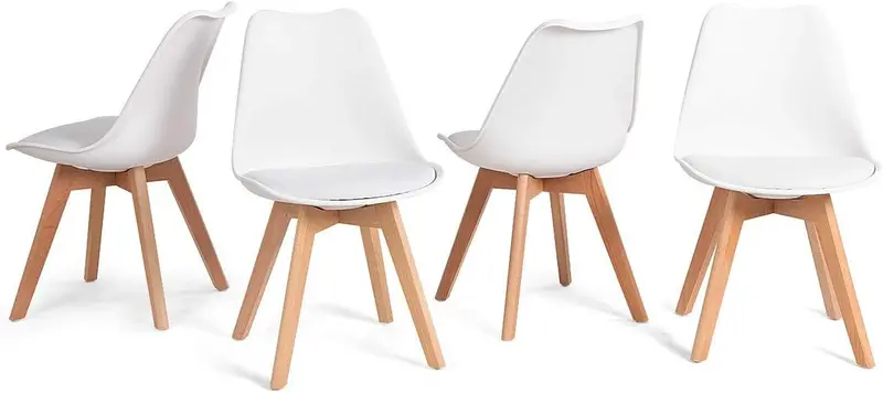 Set of 4 Mid-Century Modern Dining Chairs – Armless Design with Padded Seats & Natural Wood Legs