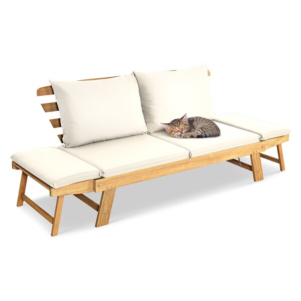 Gymax Adjustable Patio Sofa Daybed Acacia Wood Furniture w/ White