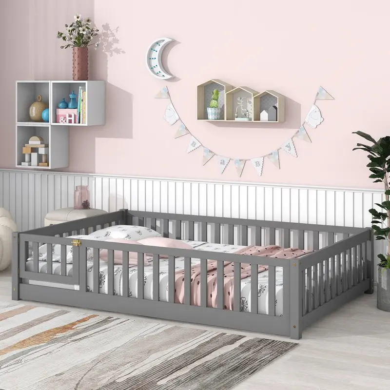 Uhomepro Kids Floor Bed – Full-Size Pine Wood Playhouse Design with Fence & Door, Safe Sleep Solution