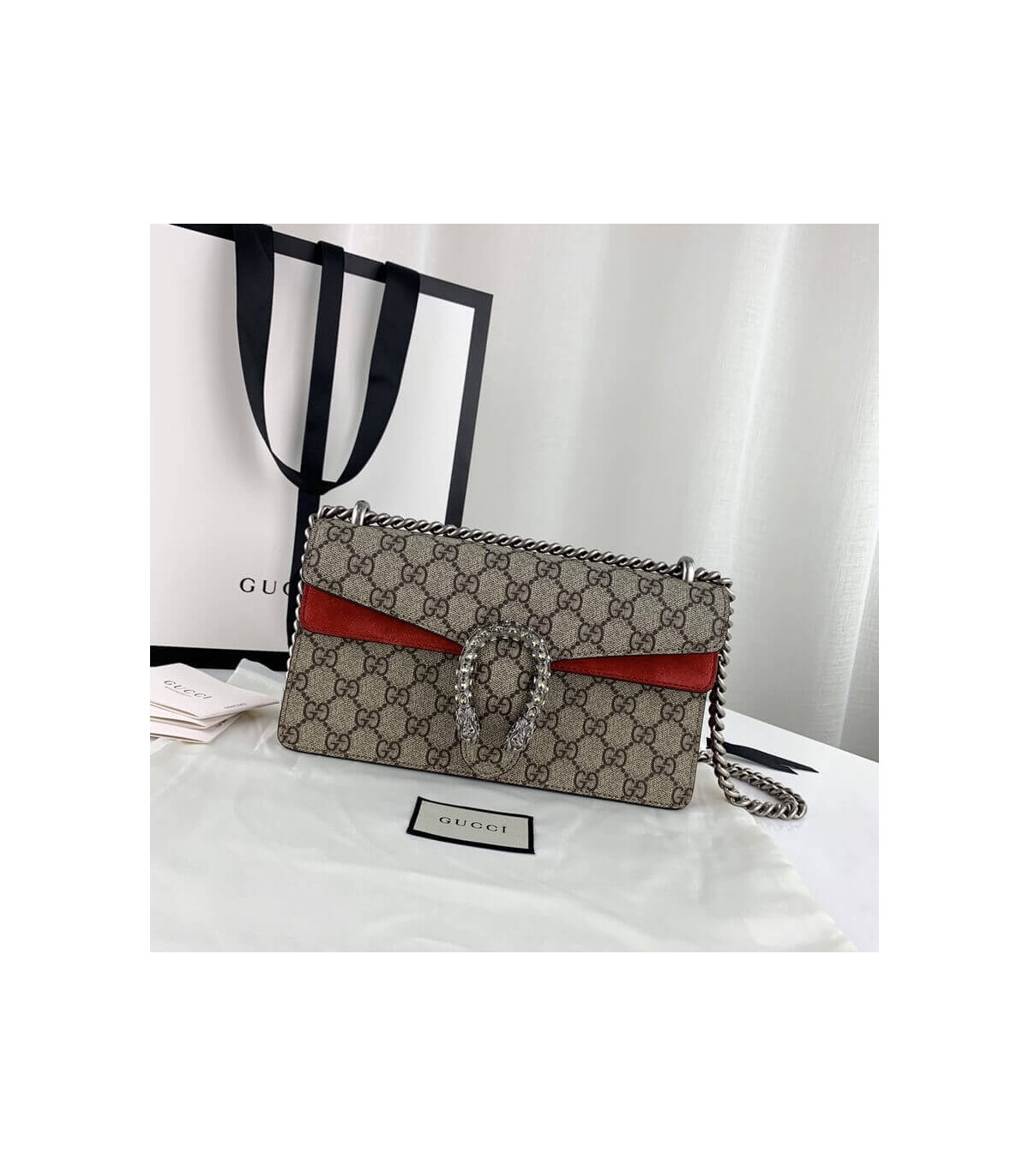 Gucci Dionysus Small Shoulder Bag in GG Supreme with Crystals Red 25cm