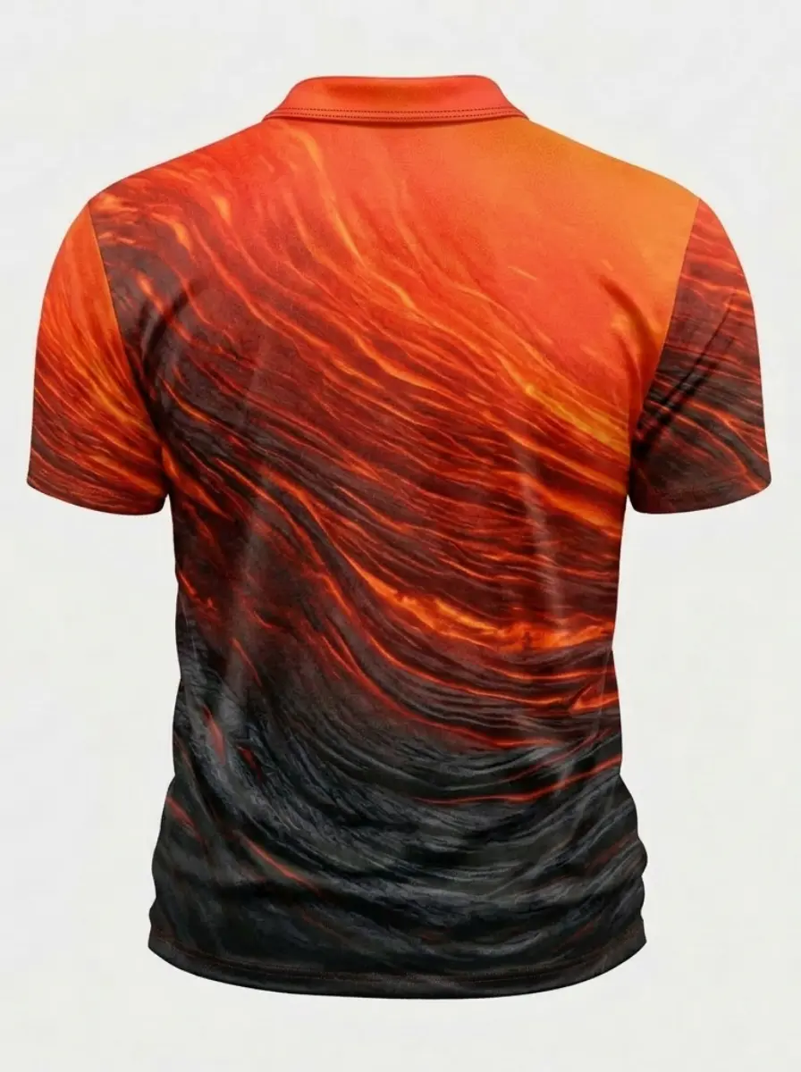 Moisture Wicking Golf Polo 3D Lava Fire Wave Pattern Button Short Sleeve Golf Polo Shirt
