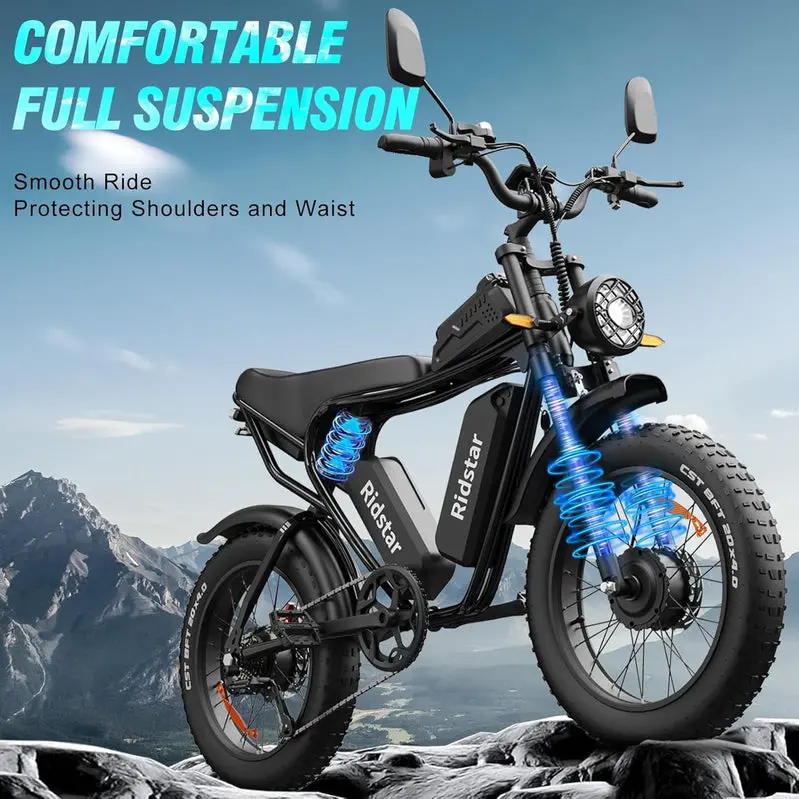 Q20 2000W All-Terrain Fat-Tire Ebike – 52V Battery, 30–180 Mile Range, 20″ Tires, Premium Full-Suspension