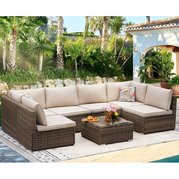 7Piece Outdoor Patio Rattan Furniture Sets with 1 Table,2 Corner Sofas,4 Armless Sofas and Cushions