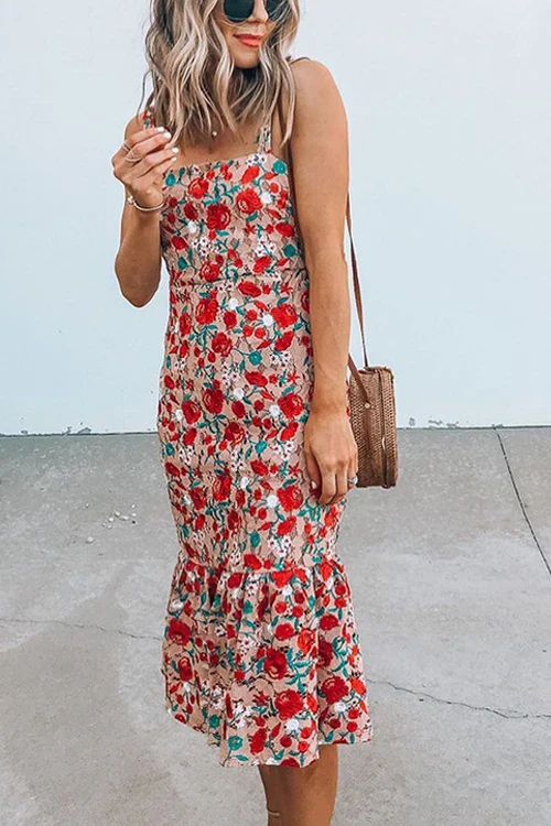 Floral Ruffle Hem Midi DressClistos