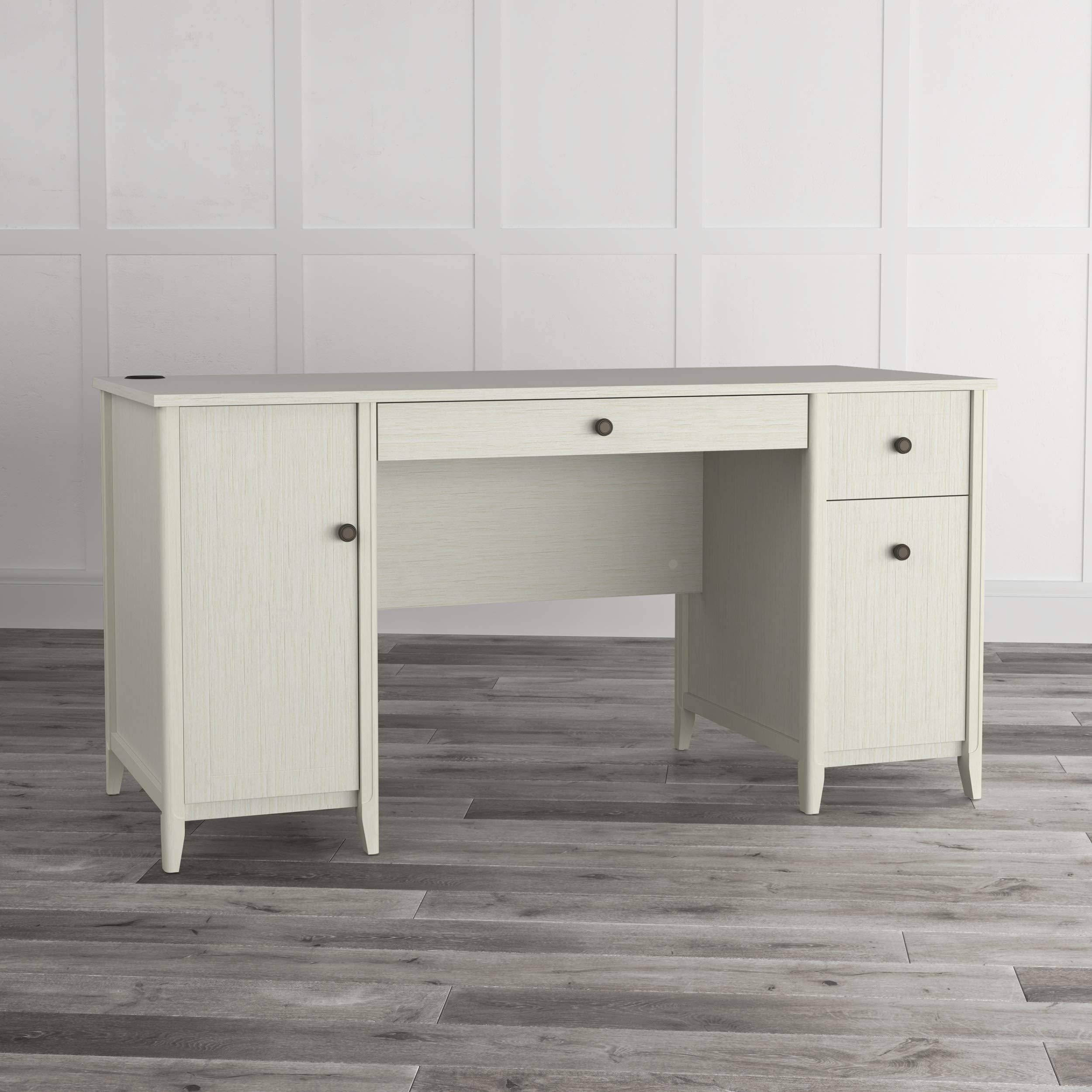 Quarters u0026 Craft High-Tide Collection Home Office 57x22 Computer Desk, with Drawers, in Weathered White (QC57BWH)