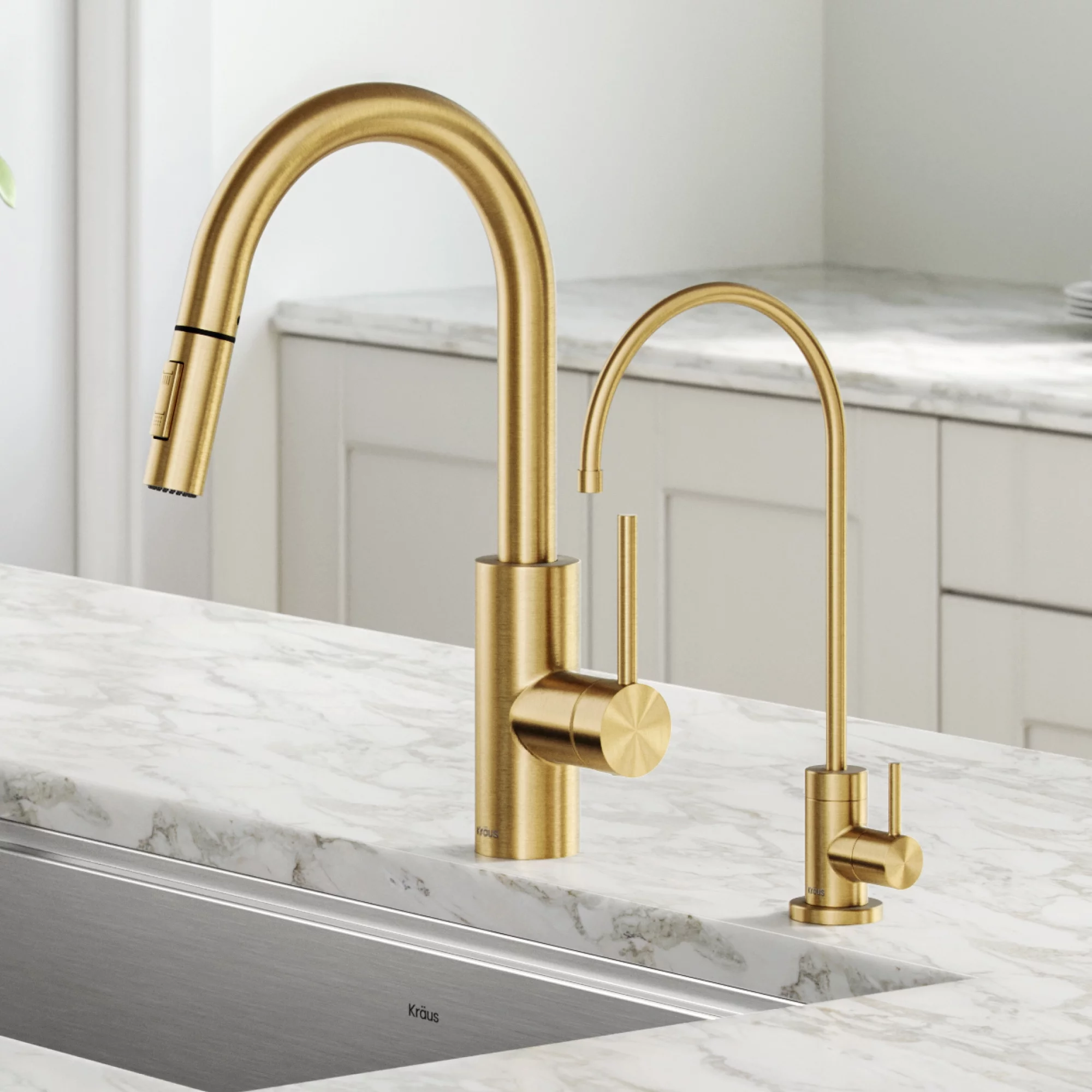 KRAUS Oletto™ Pull-Down Kitchen Faucet and Purita™ Water Filter Faucet Combo in Brushed Brass
