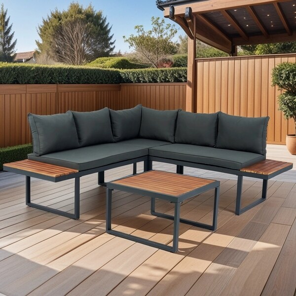 4 Piece LShaped Patio Wicker Outdoor 5 Seater Sectional Sofa Set with Builtin Side Tables,Conversation Set for Garden