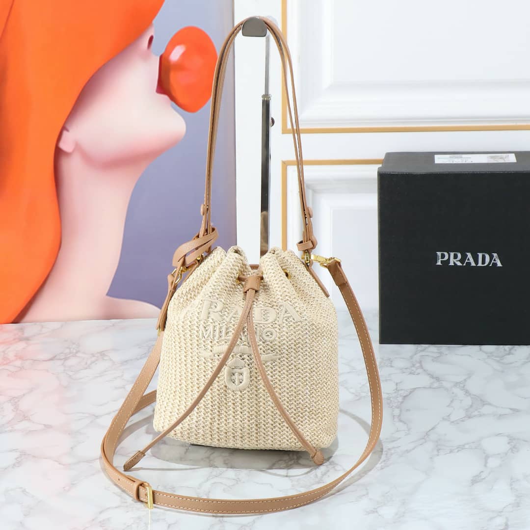Prada Crochet And Leather Bucket Bag Natural 24Cm