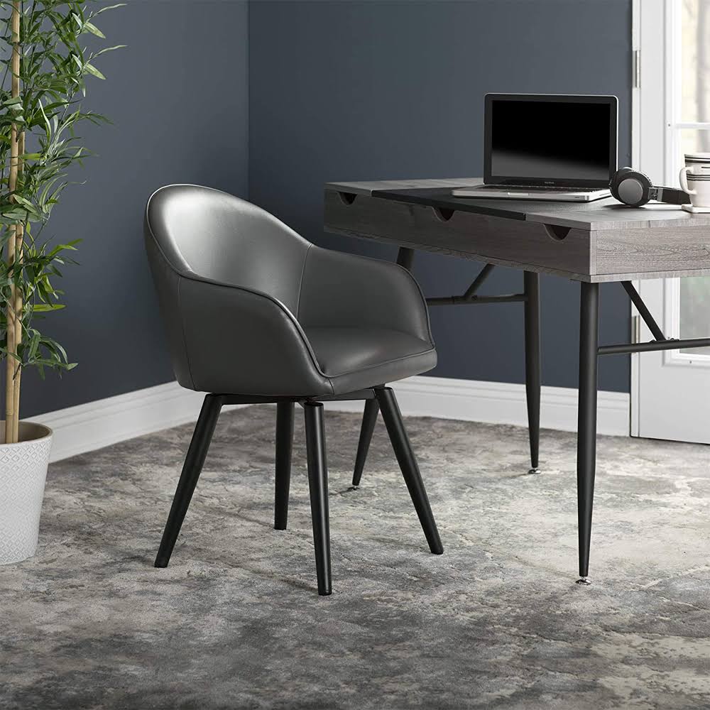 Studio Designs Home Dome Swivel Office/Dining/Guest Accent Chair with Arms Blended Leather Metal Legs, Smoke Grey/ Black