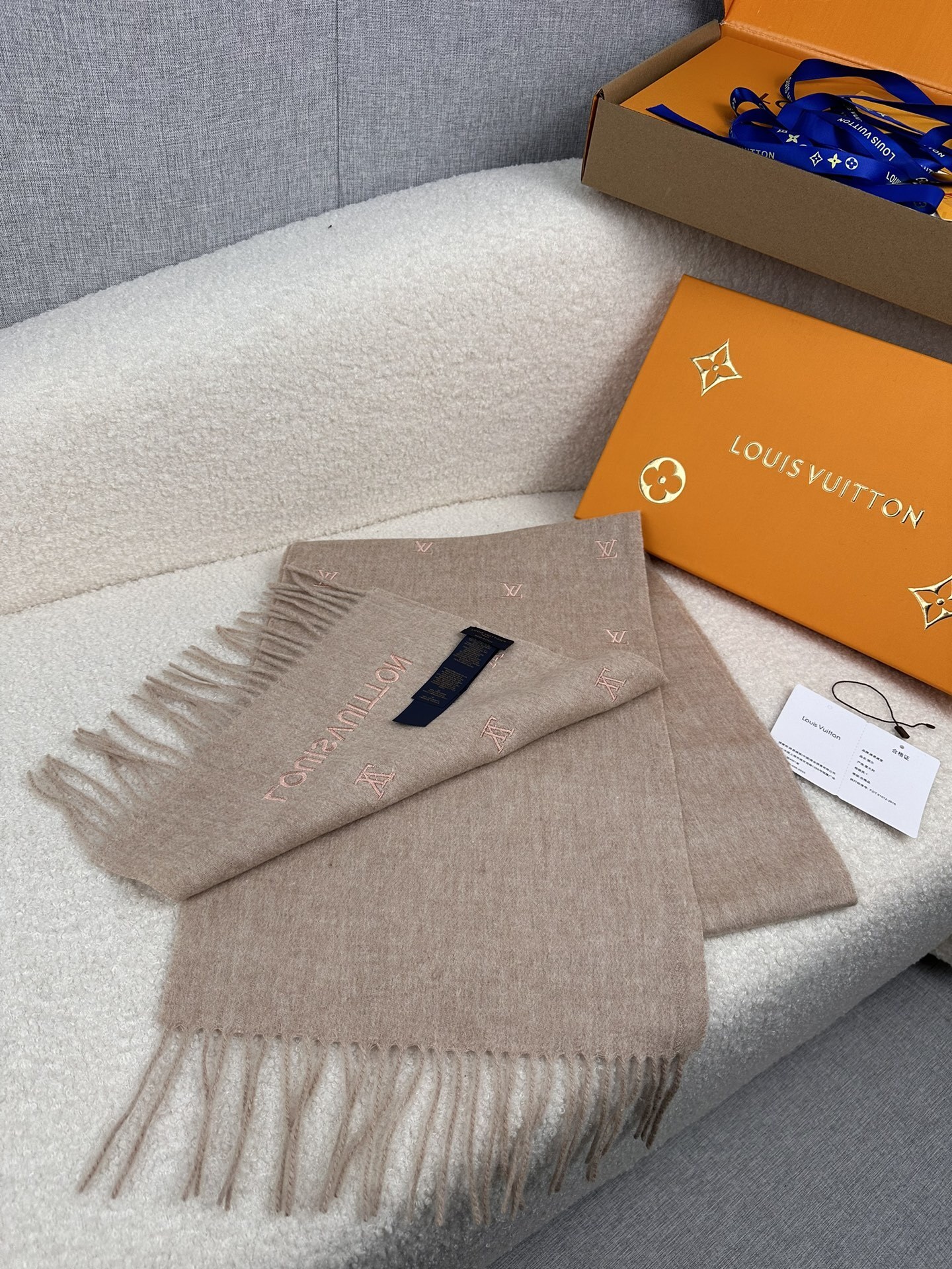 Louis Vuitton Monogram Cashmere Scarf Beige-Pink For Women 180cm