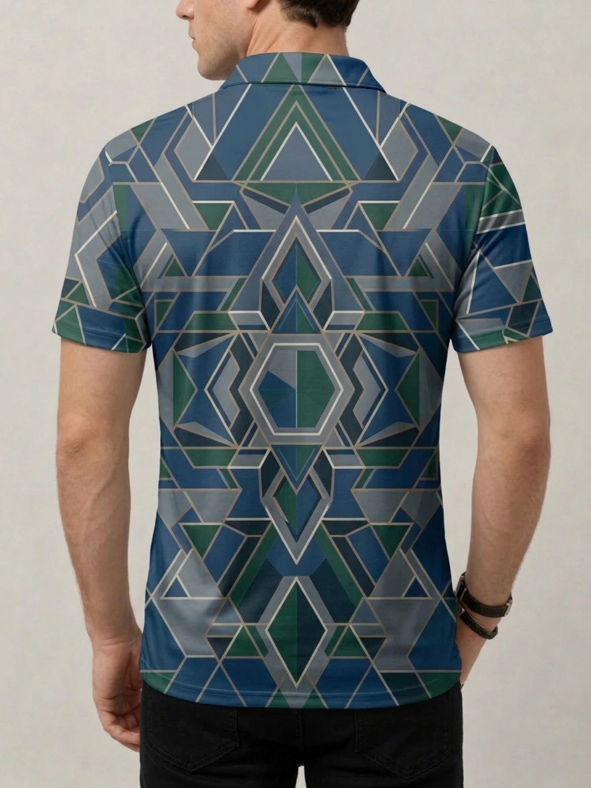 Blue Green Gold Geometric Mosaic Print Short Sleeve Golf Polo Shirt