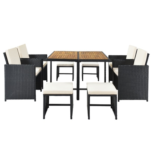 9piece Patio Wicker Dining Table Set with Wooden Tabletop