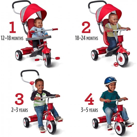 4-in-1 Stroll ‘N Trike, Red Toddler Tricycle for Ages 1 Year -5 Years, 19.88″ x 35.04″ x 40.75″