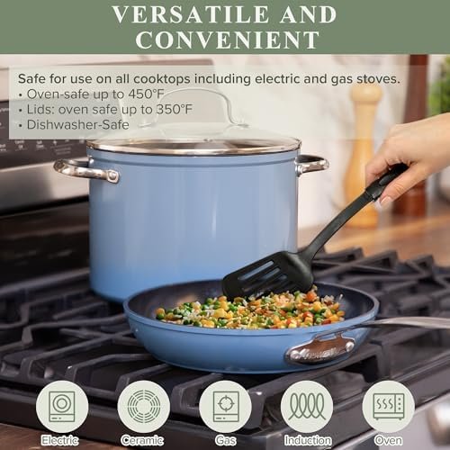 12pcs Blue Ceramic Nonstick Cookware Set, Diamond Infused Scratch-Resistant, PFAS Free, Dishwasher & Oven Safe, Induction Ready & Evenly Heats, Tempered Glass Lids & Stay-Cool Handles