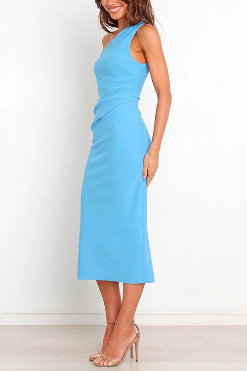 One Shoulder Ruched Midi Dress with Side SlitClistos