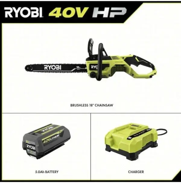 RYOBI 18-Inch 40V Cordless Chainsaw Kit — Includes Battery, Charger & Green Housing for Effortless Cutting