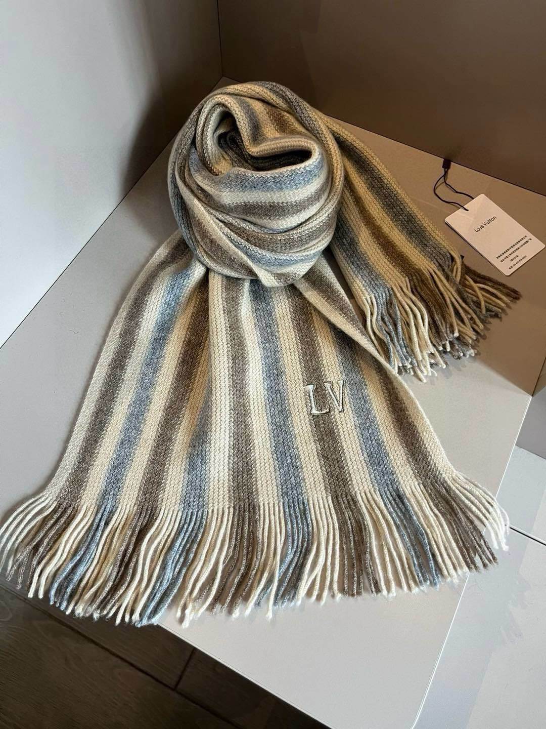 Louis Vuitton Striped Scarf Beige-Grey For Women 180cm