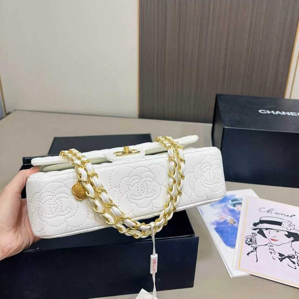 Chanel Flap Bag With Camellia Flower Chain White 26cm