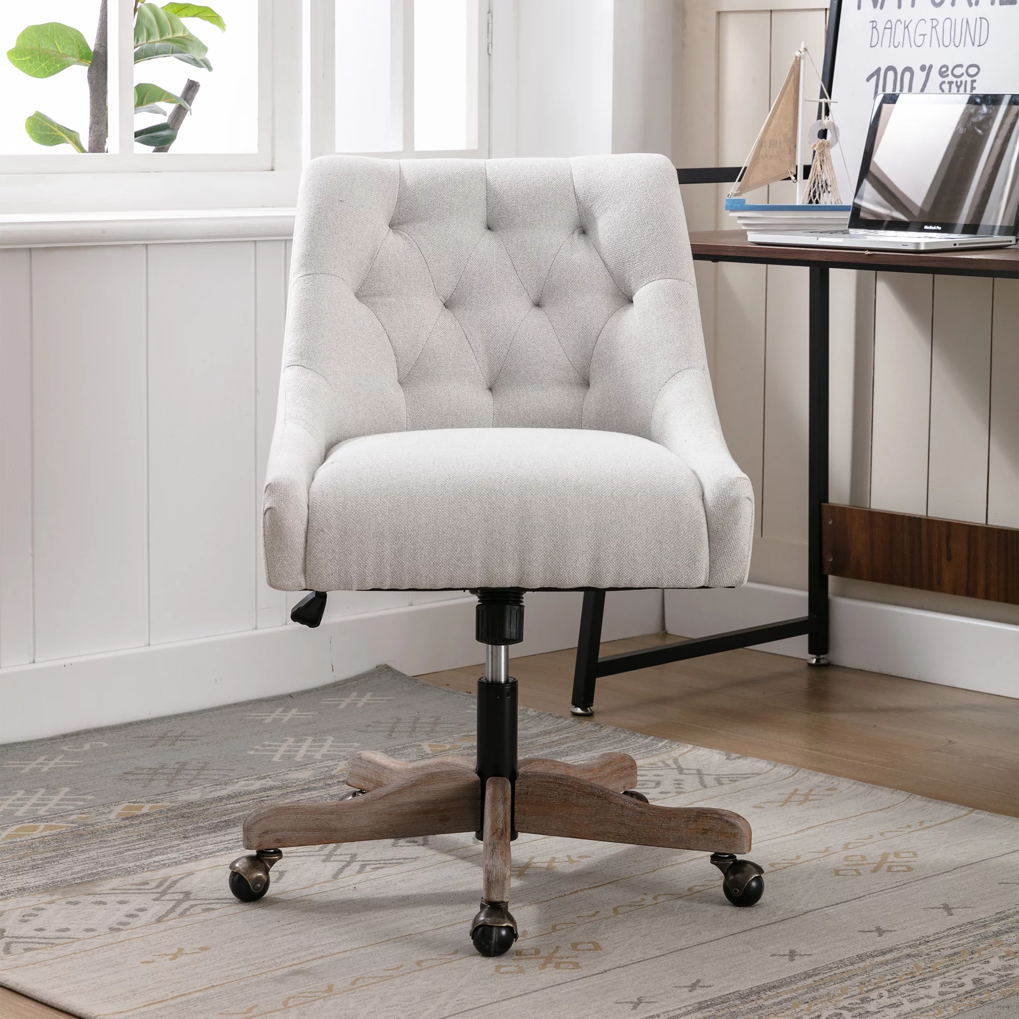 Living Room Swivel Shell Chair Modern Leisure Office Chair Padded Mid Back Office Computer Desk Chair Adjustable Height Reclining Lumbar Support (Beige)