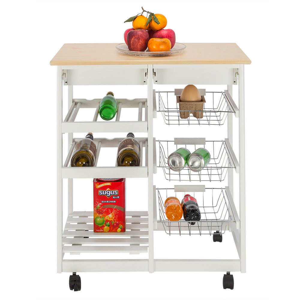 Kitchen Island Cart Trolley, Sturdy Microwave Oven Stand Storage Cart on Wheel with 2 Drawers, 3 Metal Baskets, 3 Shelf Panels, Heavy Duty Utility Carts, Rolling Cart Holds up to 220 lbs, Q3534