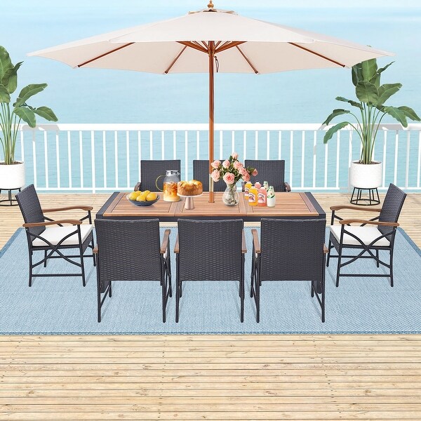 Costway 9 Pieces Patio Rattan Dining Set with Acacia Wood Table,1.9