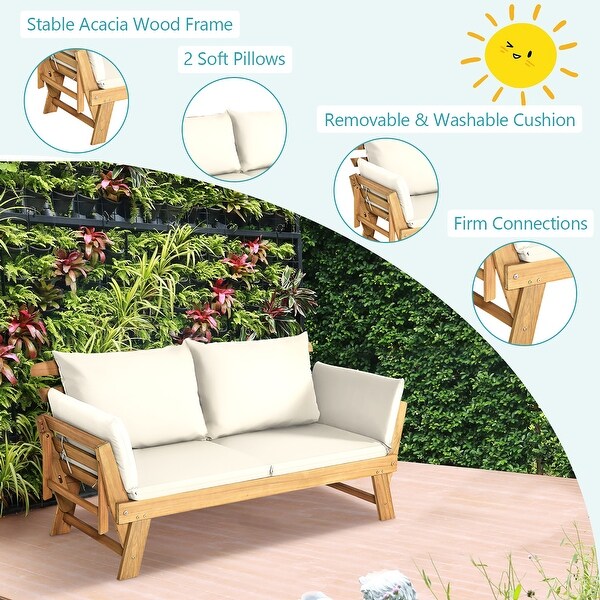 Gymax Adjustable Patio Sofa Daybed Acacia Wood Furniture w/ White
