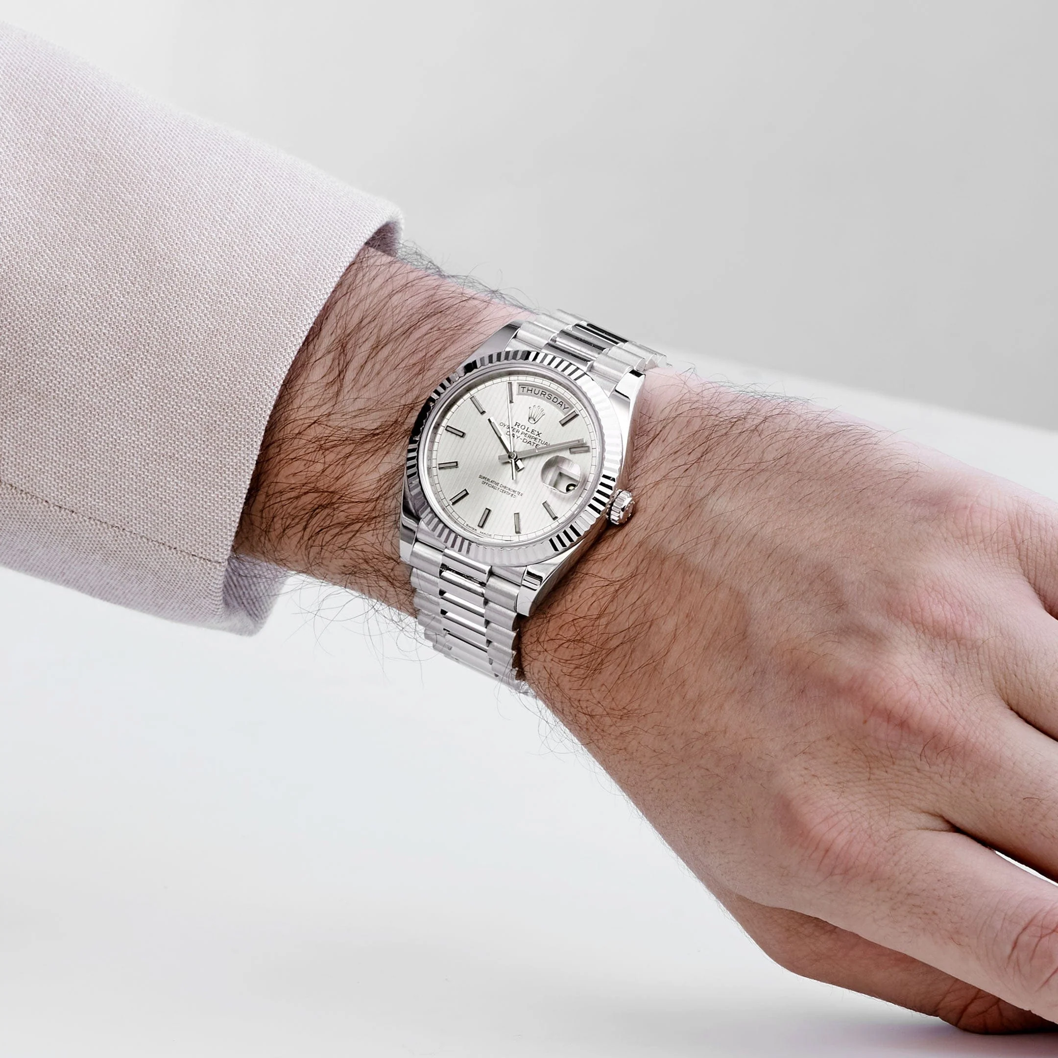 Rolex-Day Date 40 228239 White Gold Silver Stripe Motif Dial (2018)