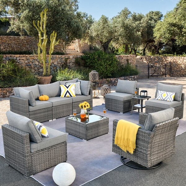 HOOOWOOO Outdoor 9piece Wicker Cushioned Sectional Sofa Set with Swivel Chair