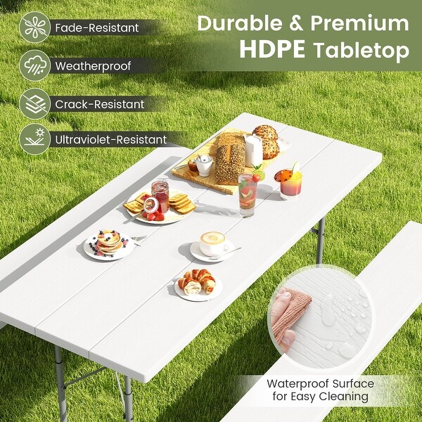 Folding Picnic Table Set with Metal Frame and AllWeather HDPE Tabletop,Umbrella Hole