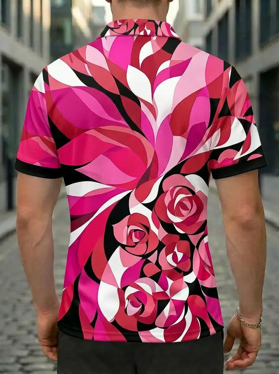 Moisture Wicking Golf Polo 3D Pink Red Black White Rose Abstract Button Short Sleeve Golf Polo Shirt