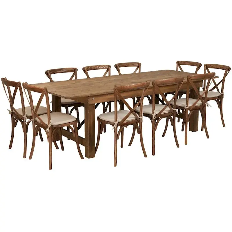Rustic Farmhouse Folding Table Set – 8′ x 40′ Expandable Dining Table with 10 Crossback Chairs and Seat Cushions