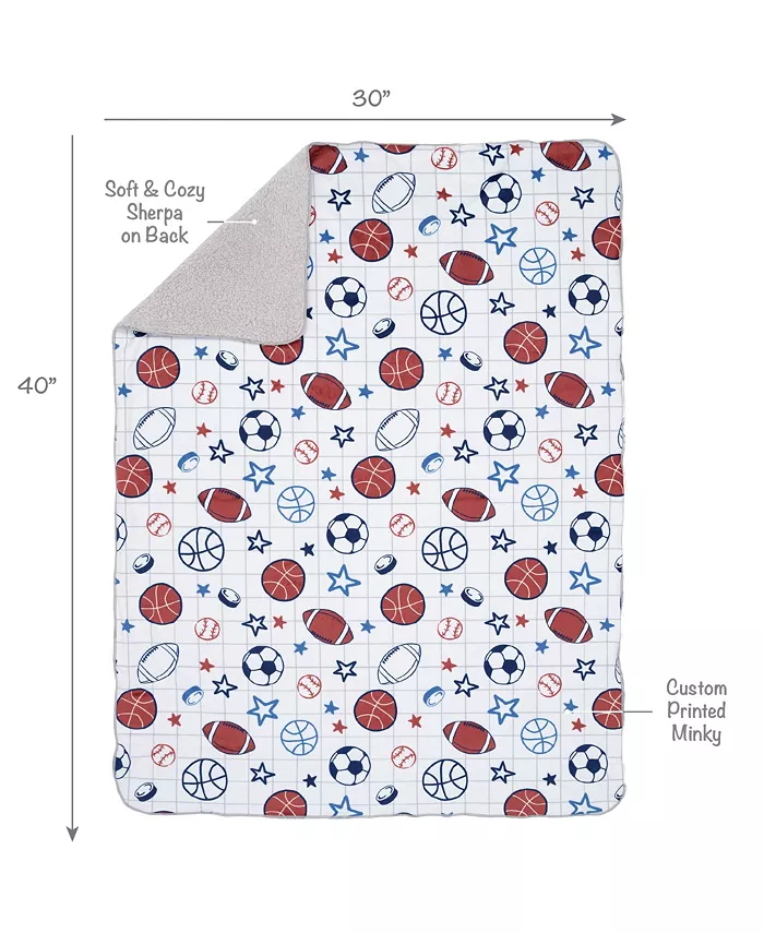 Lambs and Ivy Baby Sports White Fleece Baby Blanket - Football Basketball Baseball