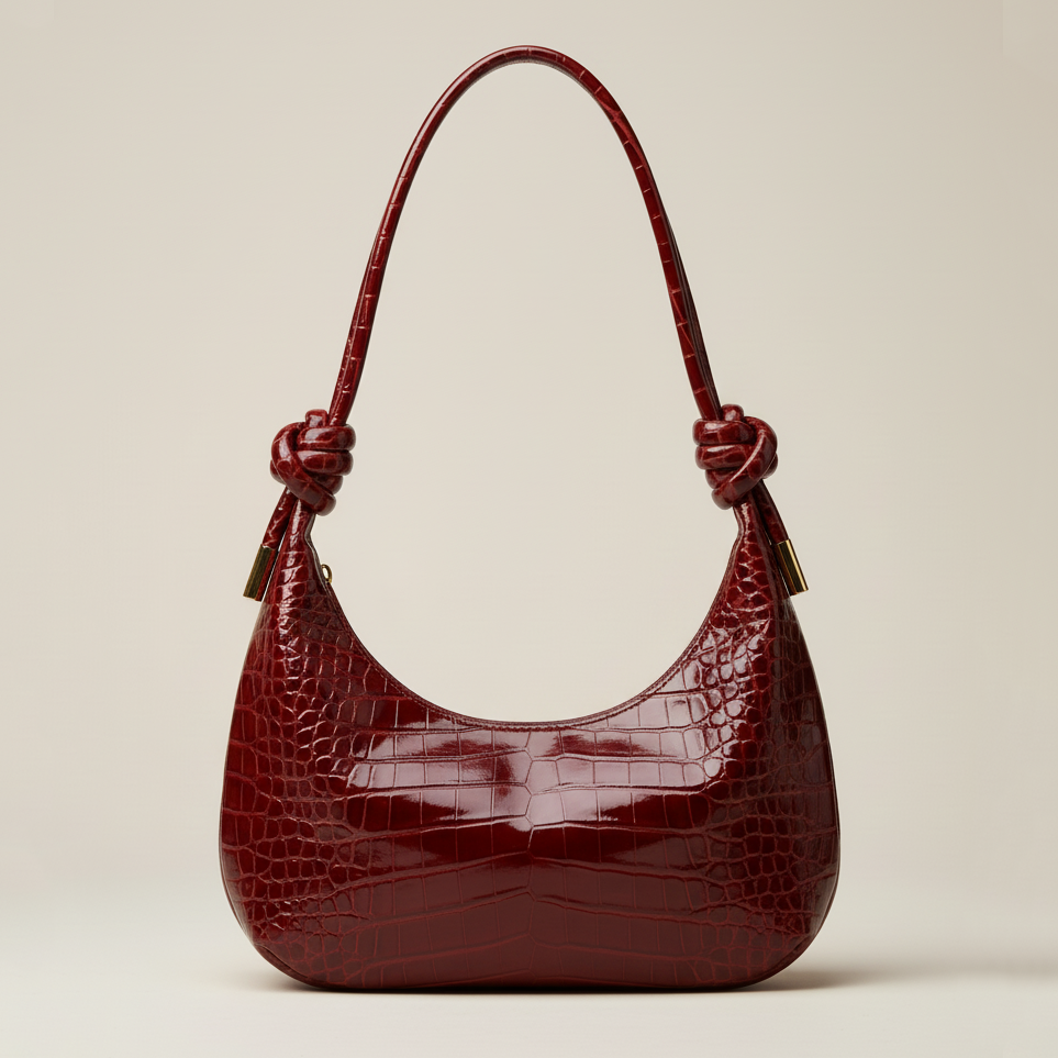 Burgundy Croc-Embossed Hobo Bag with Knot Strap
