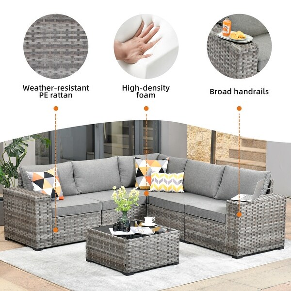 OVIOS Patio Wicker Furniture Wide Arm 6piece Set with Table