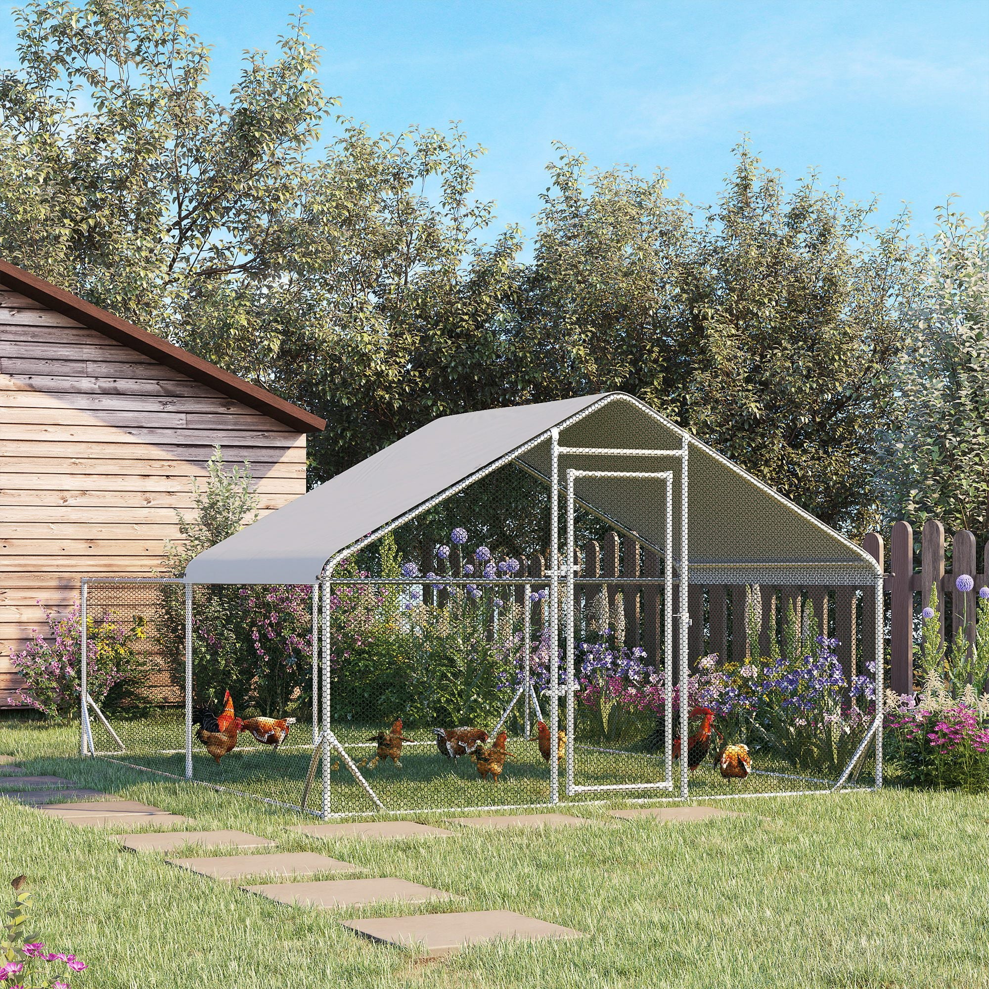 PawHut 13.1 ft Large Metal Chicken Coop for 12 Chickens, Walk-In Chicken Coop Run, Big Chicken House, Ducks Rabbit Enclosure for Backyard with Water-resistant and Anti-UV Cover