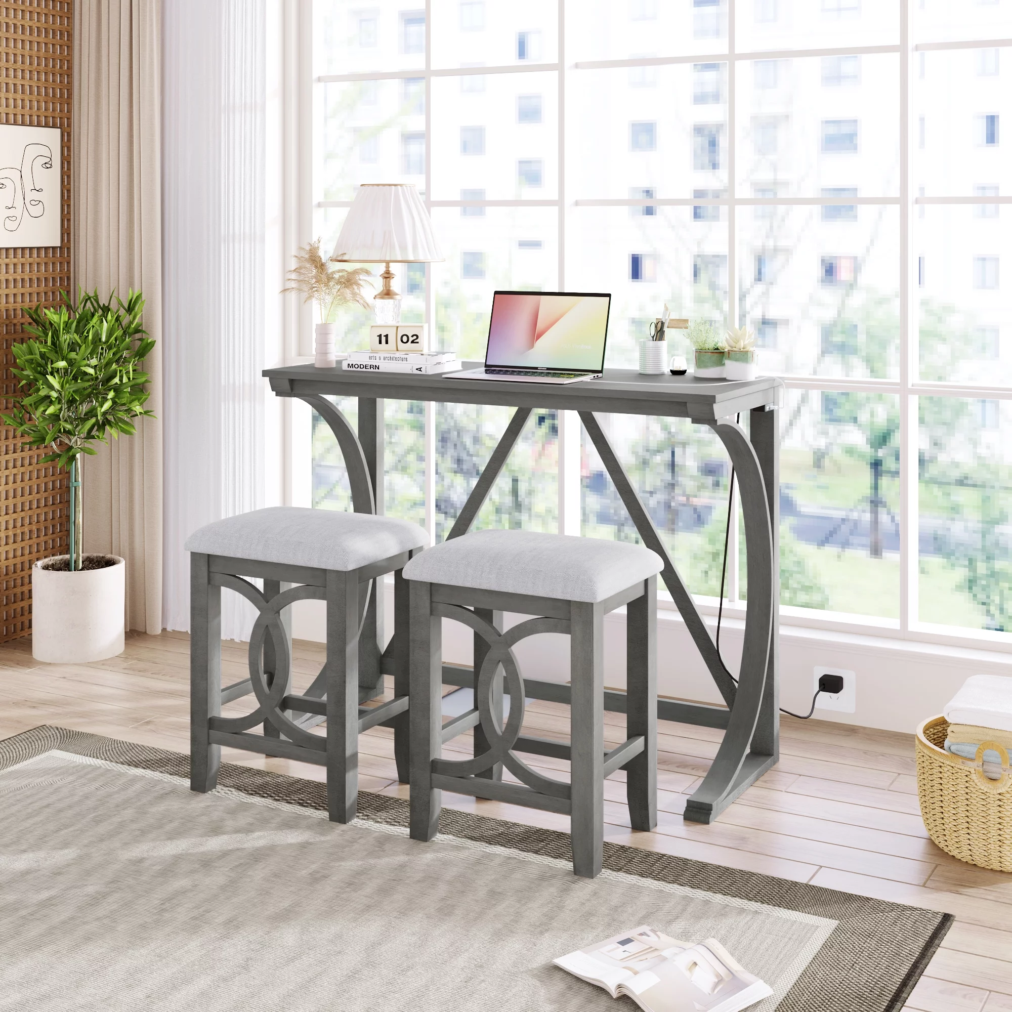 CoSoTower Farmhouse 3-Piece Counter Height Dining Table Set with USB Port and Upholstered Stools, Gray