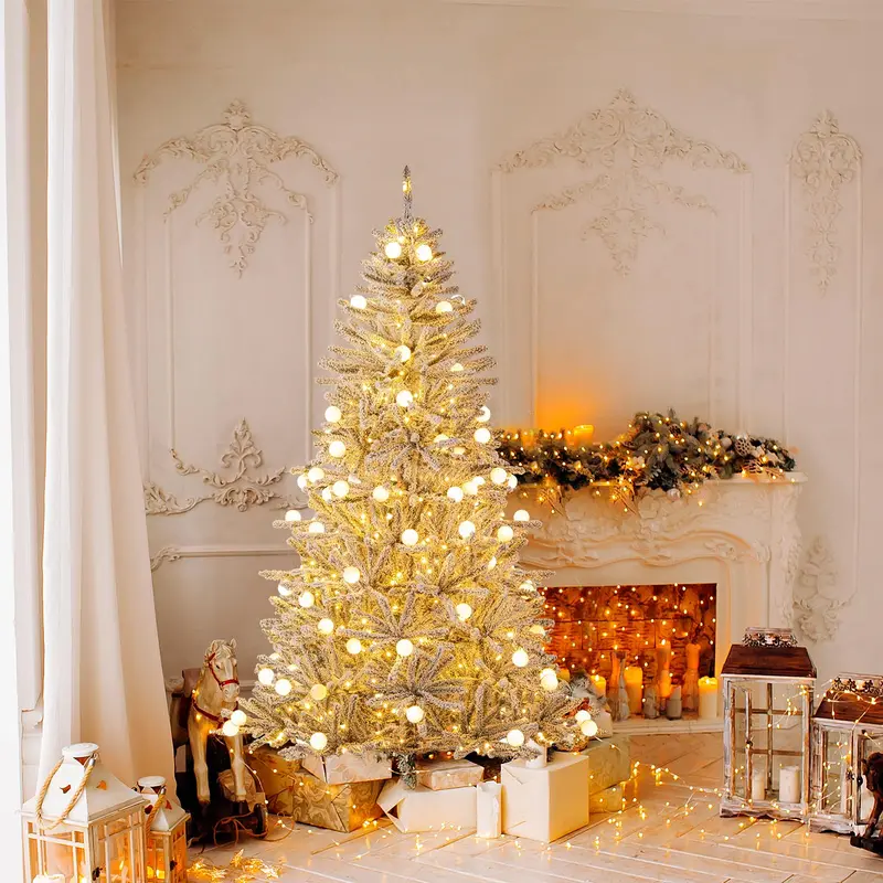 Snow-Flocked Pre-Lit Christmas Tree – Warm White LED Lights Paired with Decorative Globe Accents