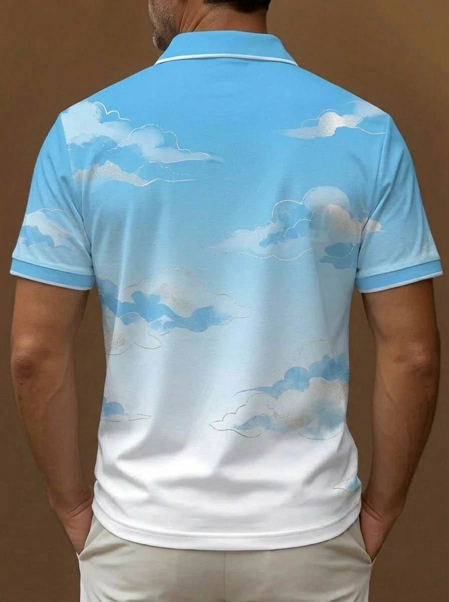 Blue White Cloud Print Gradient Short Sleeve Golf Polo Shirt